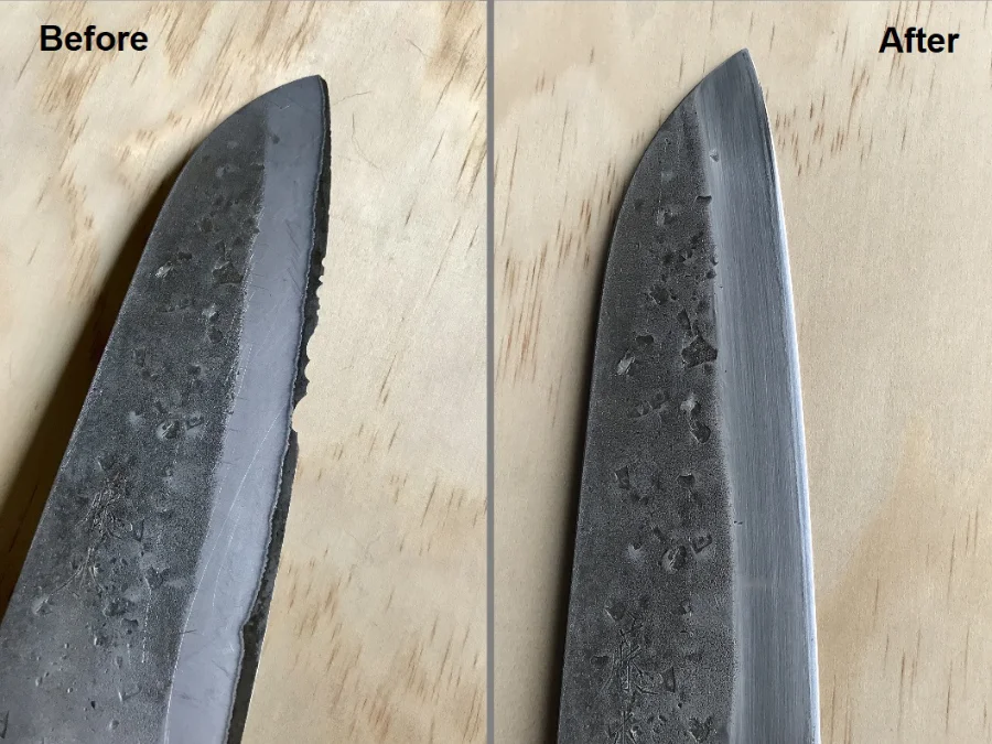 Before and after chip and tip repair on a Japanese knife done by Halifax Sharpening